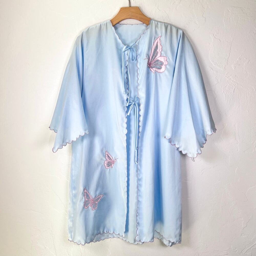 Vintage 80s Satin Robe Baby Blue Pink Butterflies Lace Sz M L Soft Girl Coquette